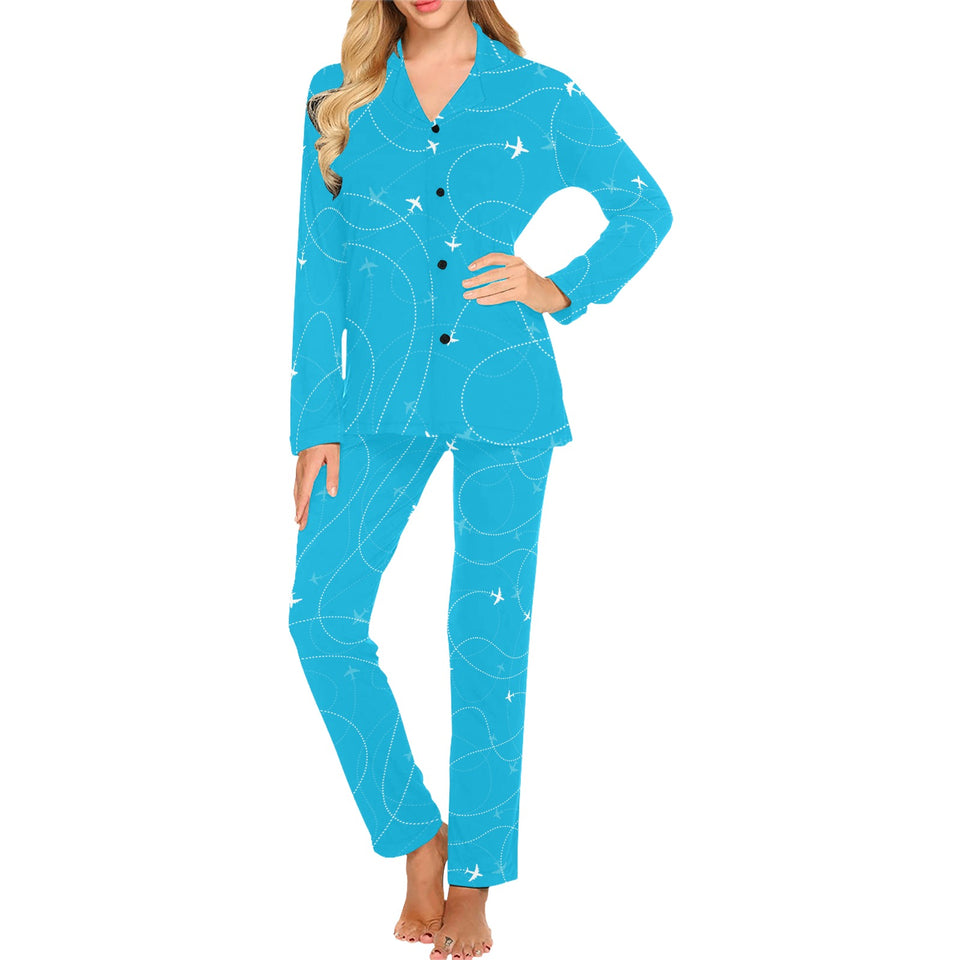 Airplane destinations blue background Women's Long Pajama Set