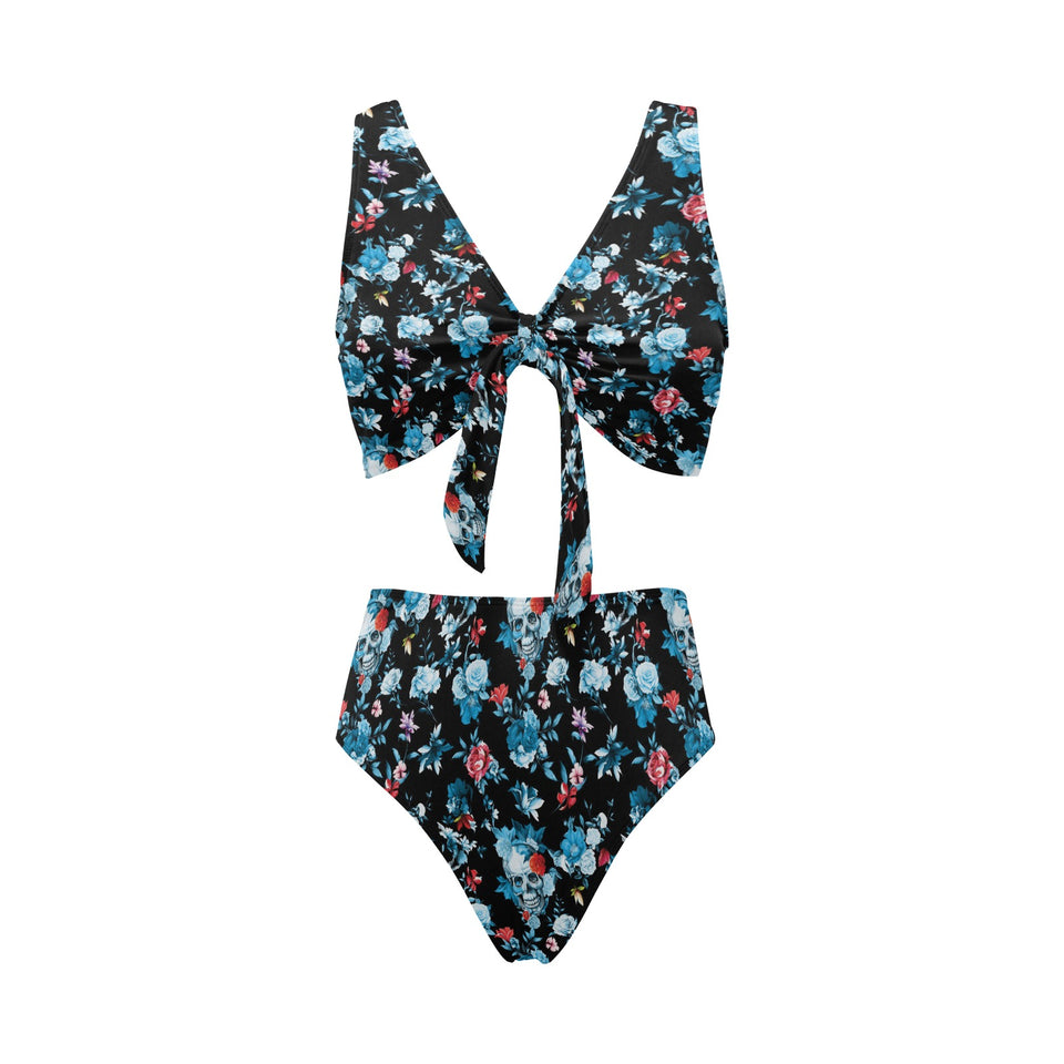 Skull flower roses leave pattern Chest Bowknot High Waisted Bikini Swimsuit