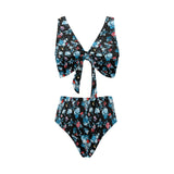 Skull flower roses leave pattern Chest Bowknot High Waisted Bikini Swimsuit