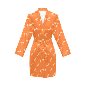 Engine Piston Orange Background Pattern Design 05 Women's Long Sleeve Belted Night Robe