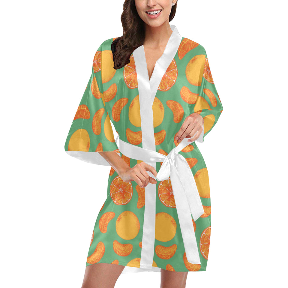 orange fruit pattern green background Women's Short Kimono Robe
