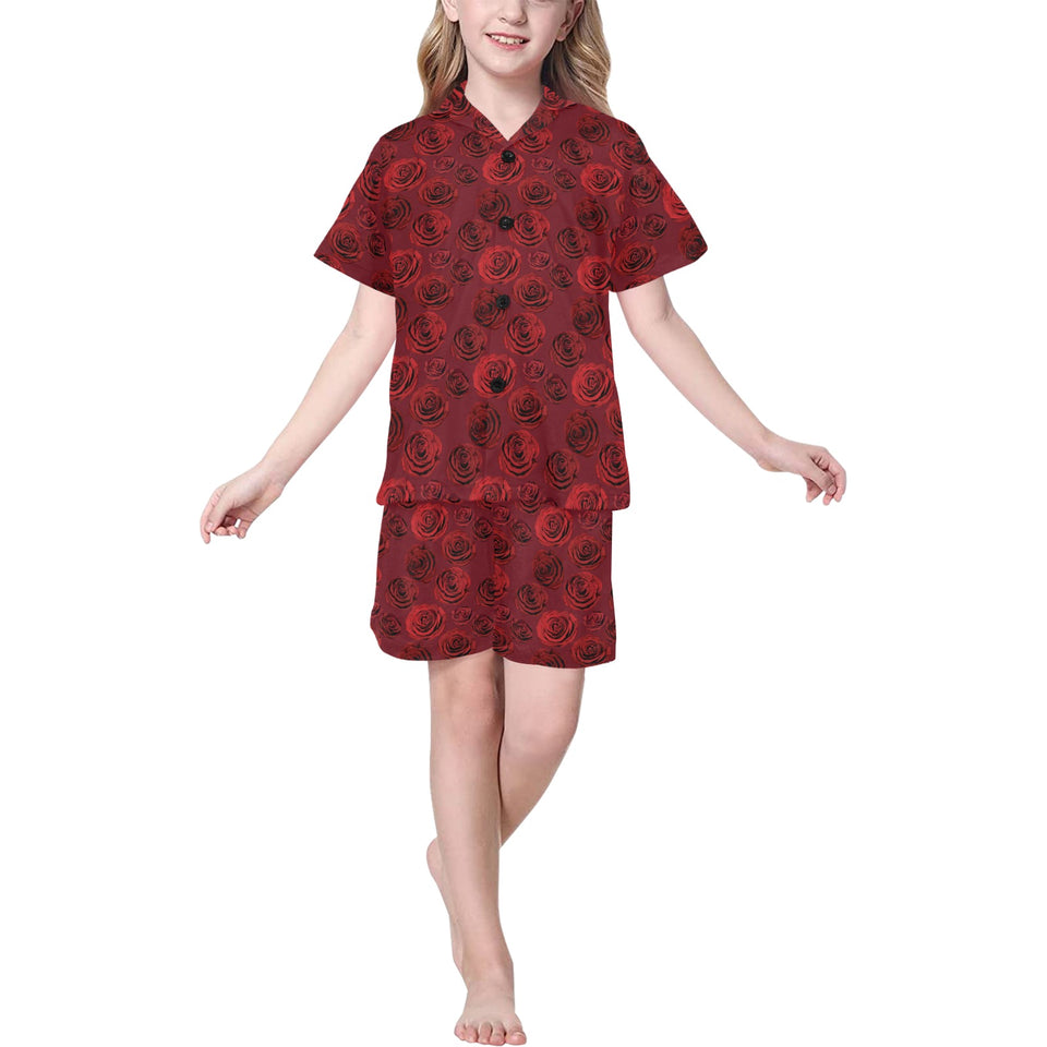 Rose Pattern Print Design 03 Kids' Boys' Girls' V-Neck Short Pajama Set