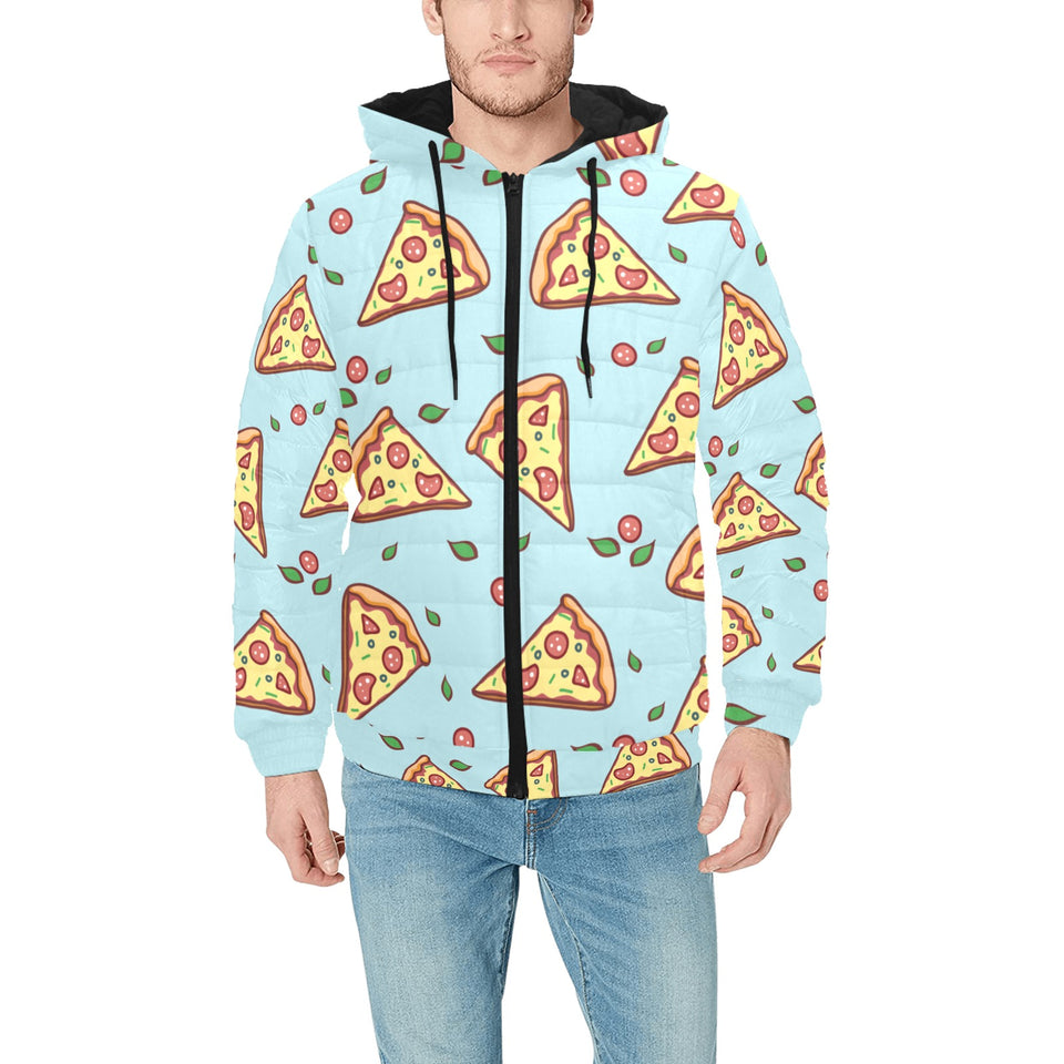 Hand drawn pizza blue background Men's Padded Hooded Jacket
