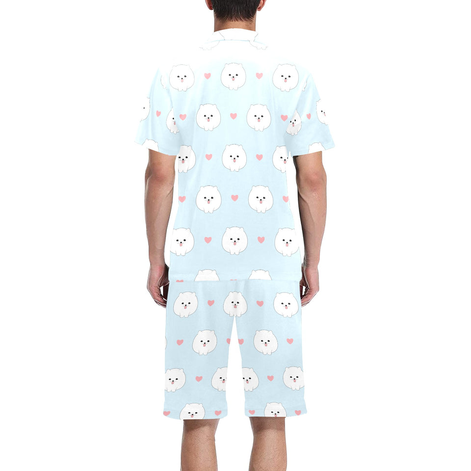 White cute pomeranian pattern Men's V-Neck Short Pajama Set