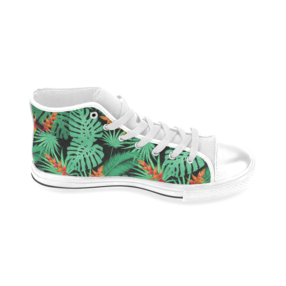 heliconia flower palm monstera leaves black backgr Men's High Top Canvas Shoes White
