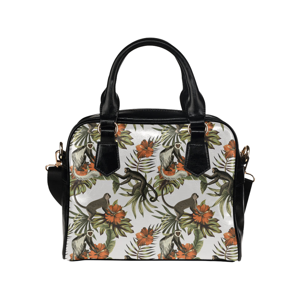 Monkey red hibiscus flower palm leaves floral patt Shoulder Handbag