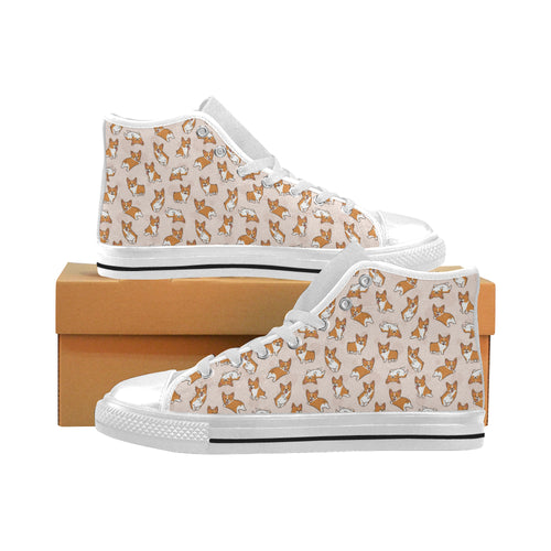 Cute Corgis Pattern pink background Men's High Top Canvas Shoes White
