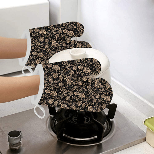 Rose Pattern Print Design 04 Heat Resistant Oven Mitts