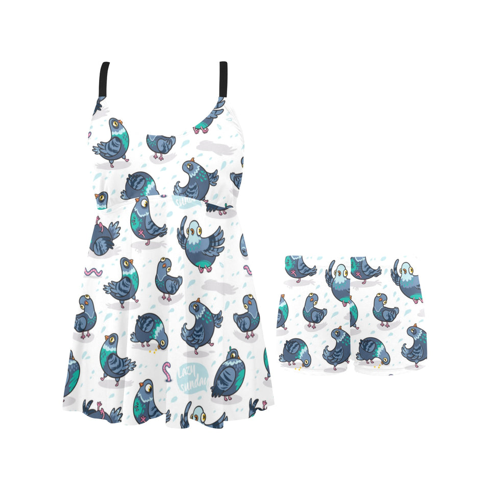 Pigeon Pattern Print Design 02 Chest Sexy Pleated Two Piece Swim Dress
