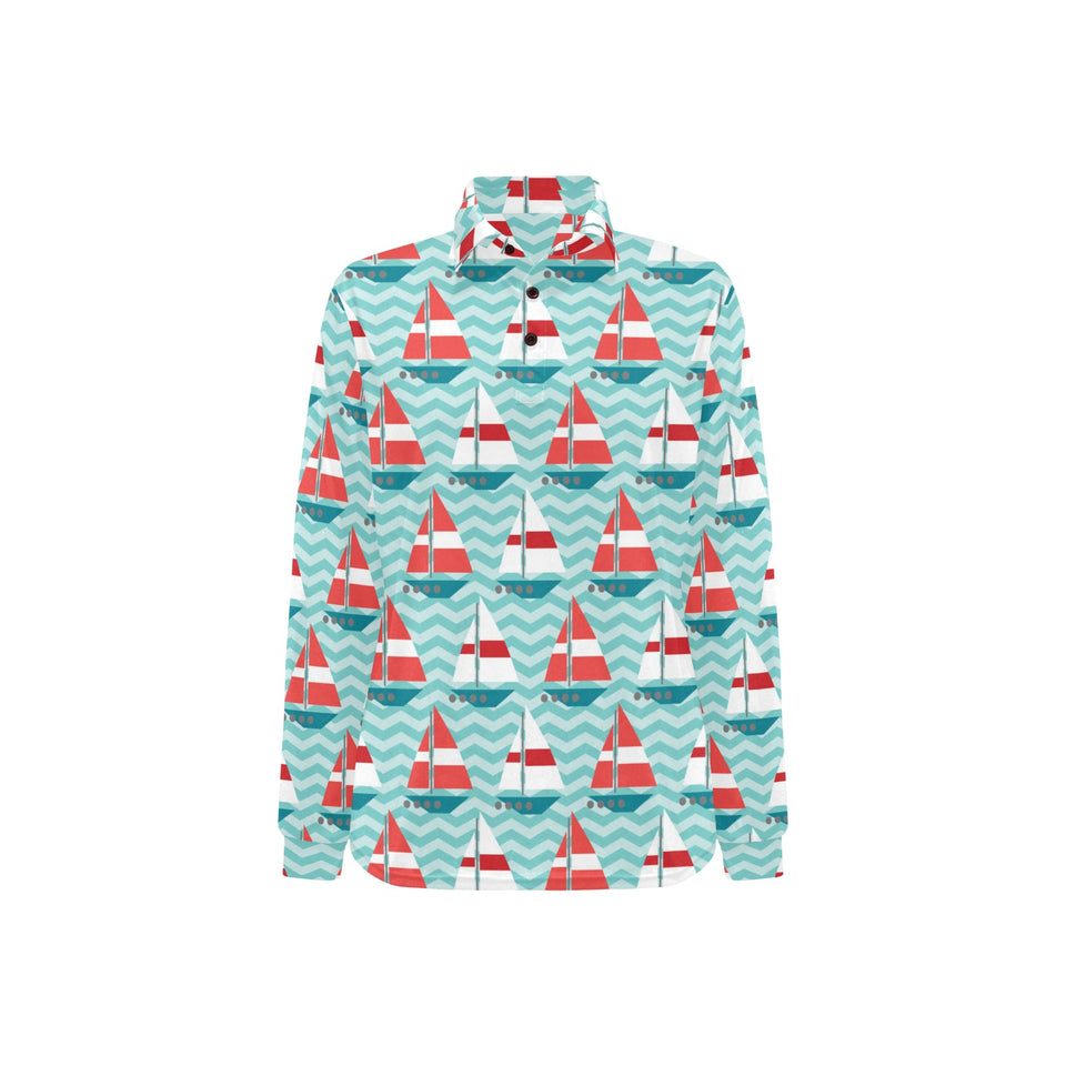 Red White sailboat wave background Women's Long Sleeve Polo Shirt