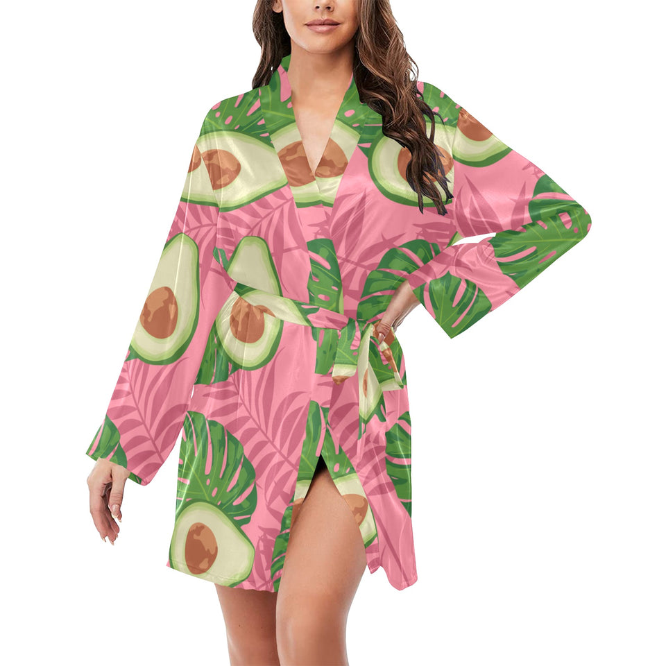 Avocado slices leaves pink back ground Women's Long Sleeve Belted Night Robe