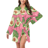 Avocado slices leaves pink back ground Women's Long Sleeve Belted Night Robe