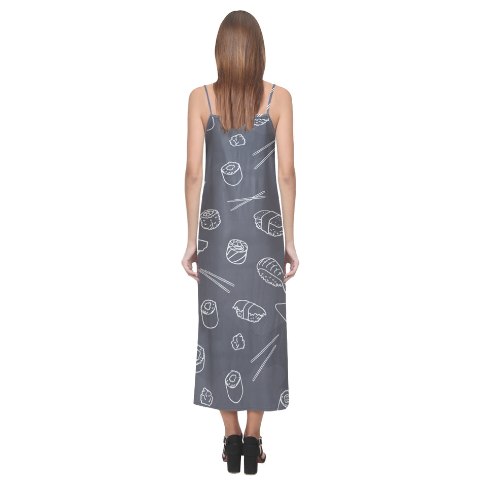 sushi pattern black background V-Neck Open Fork Long Dress