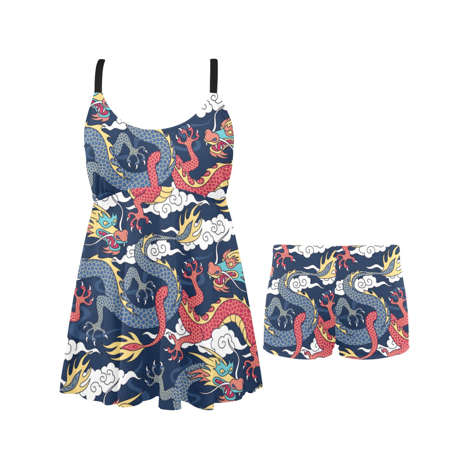 Blue red dragon cloud pattern Chest Sexy Pleated Two Piece Swim Dress