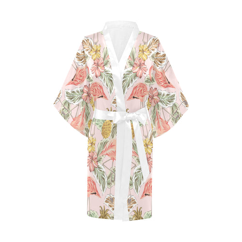 Pink flamingo birds pineapples hibiscus flower pat Women's Short Kimono Robe