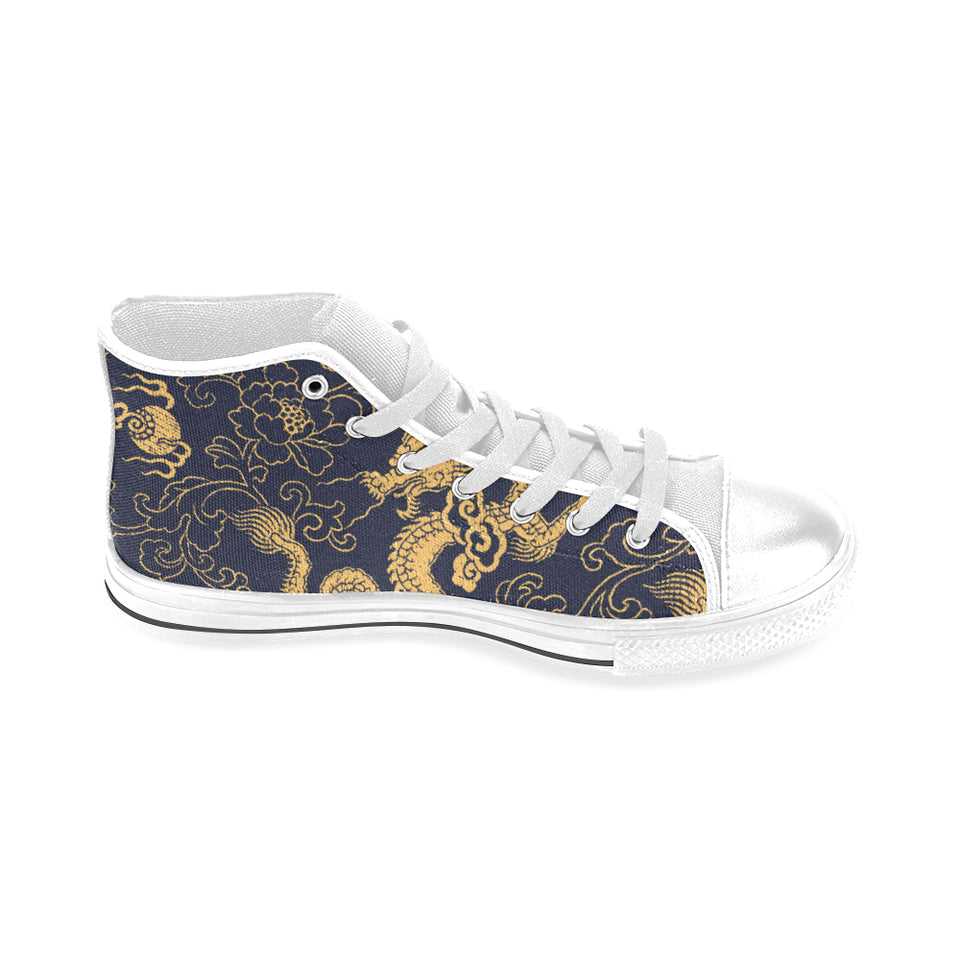 Gold dragon pattern Men's High Top Canvas Shoes White