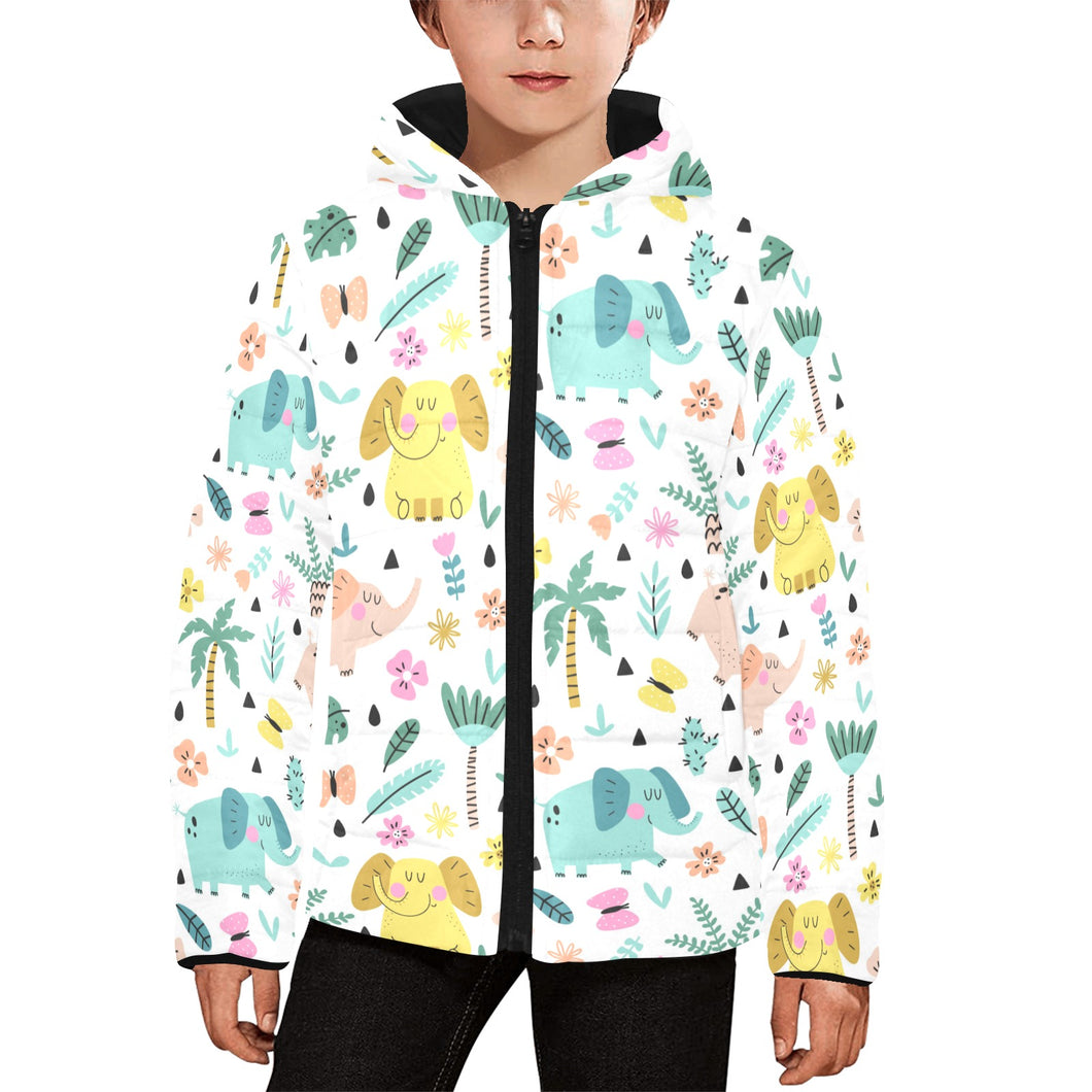 Cute elephants palm tree flower butterfly pattern Kids' Boys' Girls' Padded Hooded Jacket