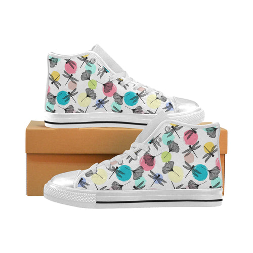 Dragonflies ginkgo leaves pattern Women's High Top Canvas Shoes White