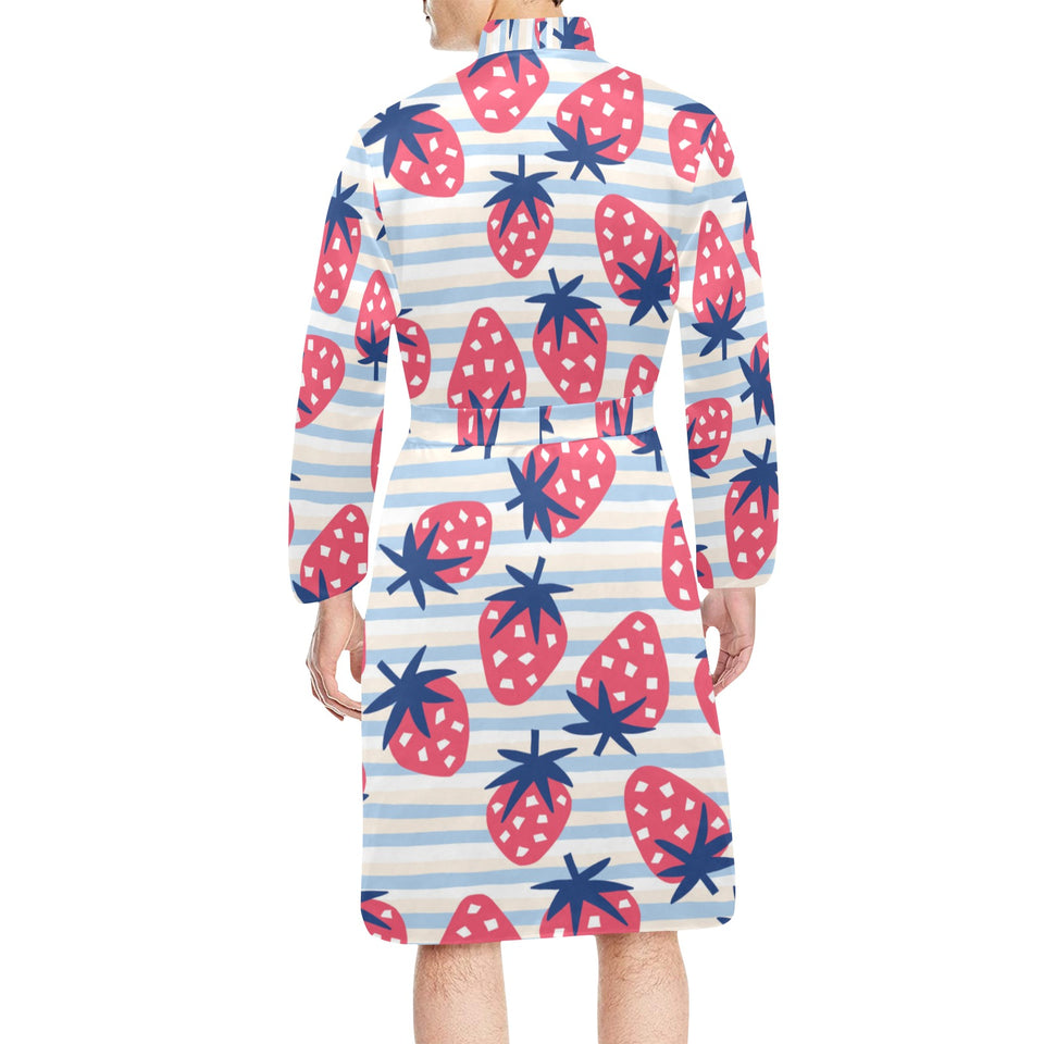 Strawberry pattern blue lines background Men's Long Sleeve Belted Night Robe