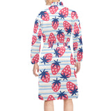 Strawberry pattern blue lines background Men's Long Sleeve Belted Night Robe