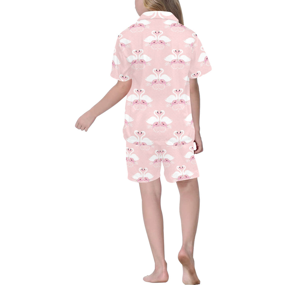 White swan and flower love pattern Kids' Boys' Girls' V-Neck Short Pajama Set