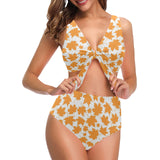 Orange Maple Leaf pattern Chest Bowknot High Waisted Bikini Swimsuit