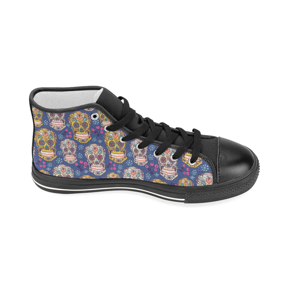 Sugar skull flower pattern Women's High Top Canvas Shoes Black