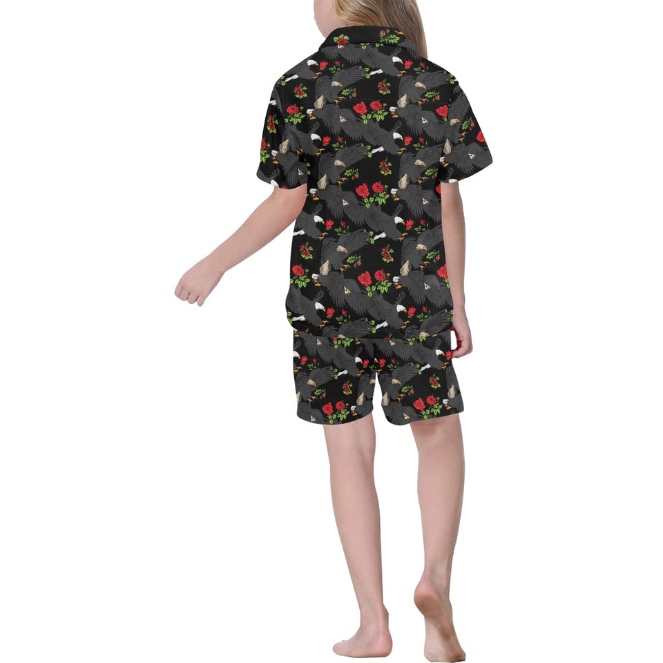 Eagle Pattern Print Design 04 Kids' Boys' Girls' V-Neck Short Pajama Set