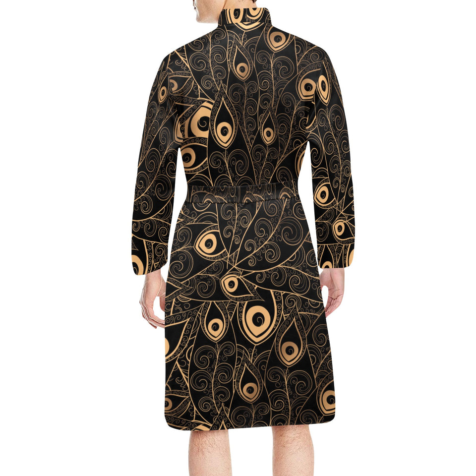 Gold peacock feather pattern Men's Long Sleeve Belted Night Robe