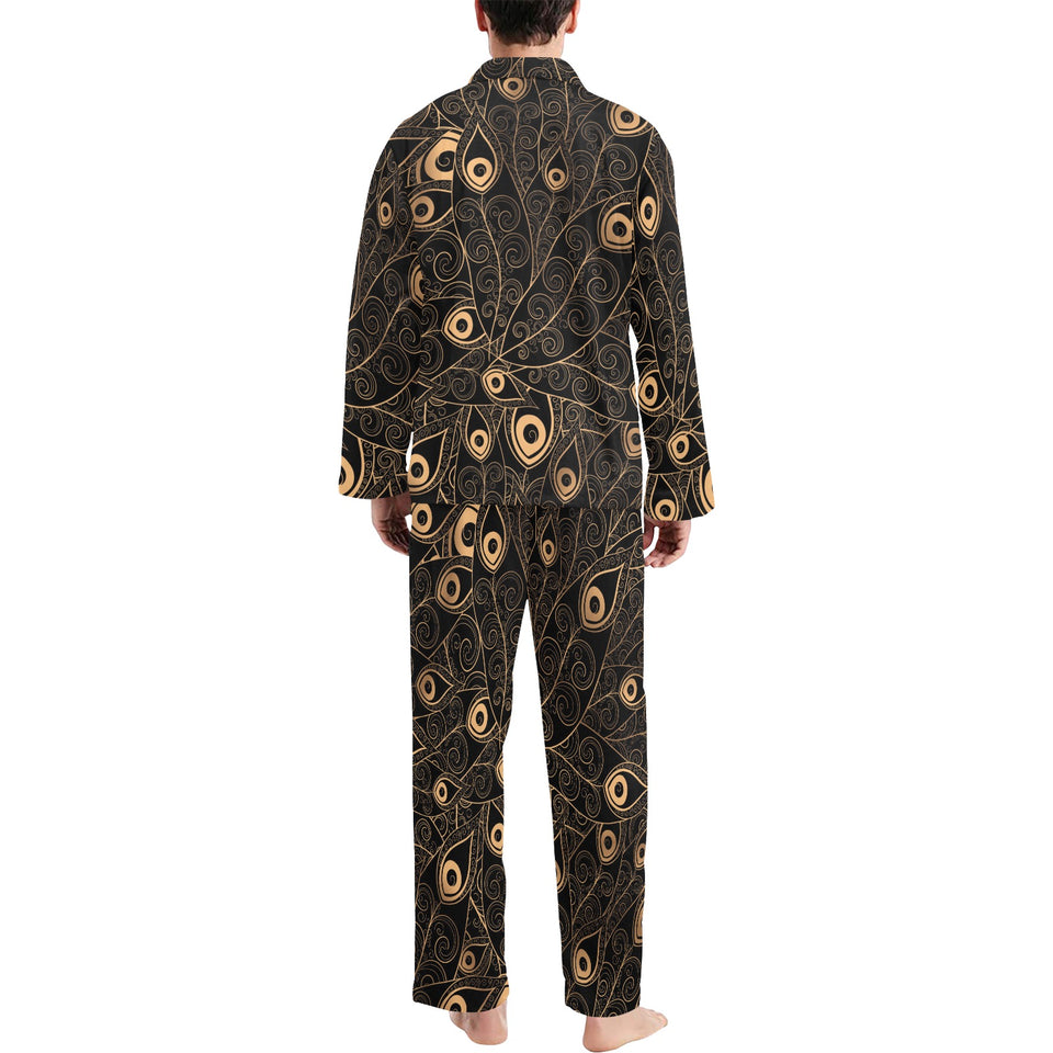 Gold peacock feather pattern Men's Long Pajama Set