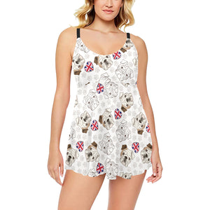 English Bulldog Pattern Print Design 01 Chest Sexy Pleated Two Piece Swim Dress