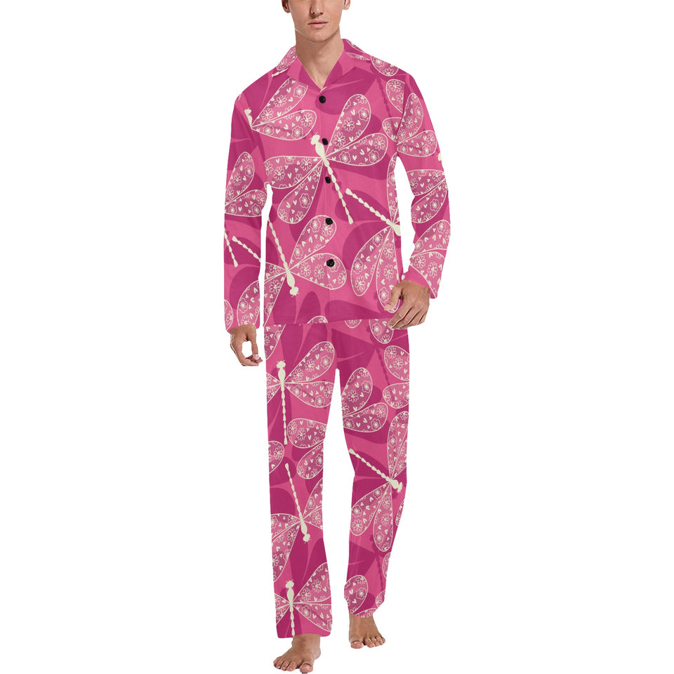 Beautiful dragonfly pink background Men's Long Pajama Set