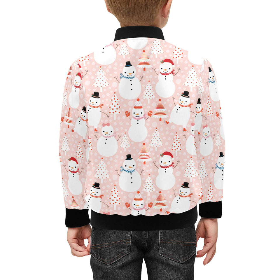 Cute snowman christmas tree snowpink background Kids' Boys' Girls' Bomber Jacket