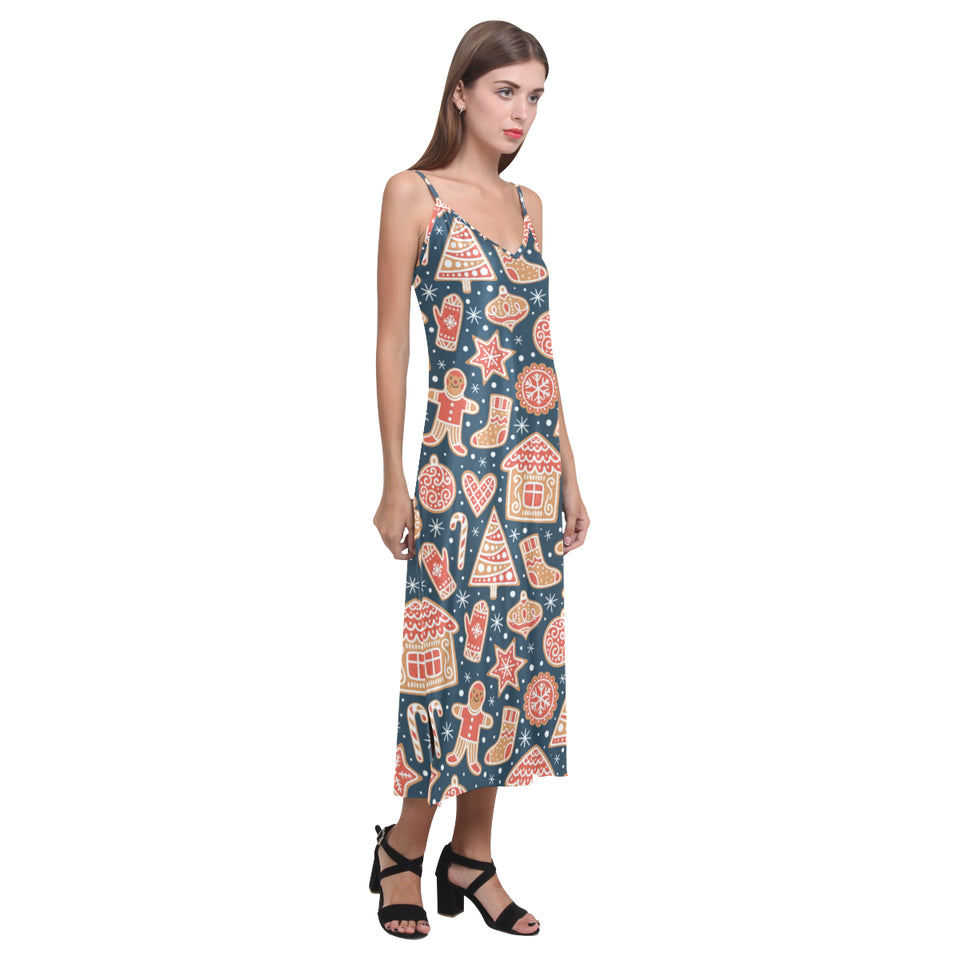 Christmas gingerbread cookie pattern V-Neck Open Fork Long Dress