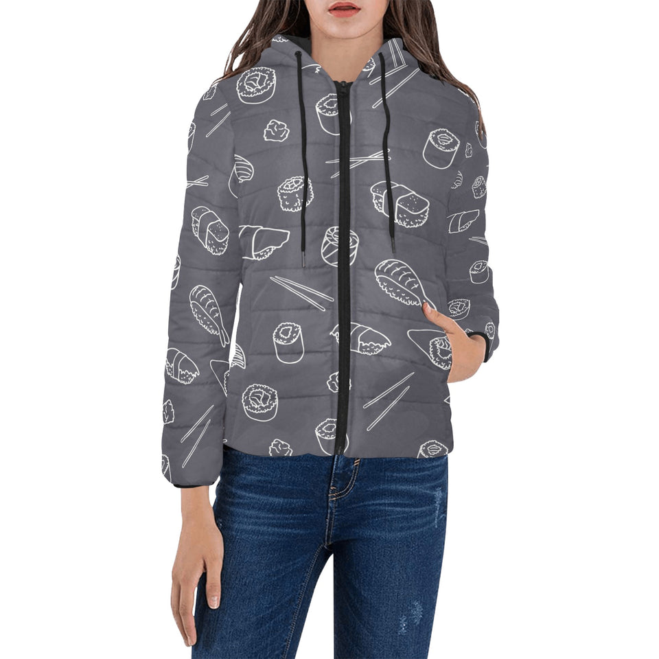 sushi pattern black background Women's Padded Hooded Jacket