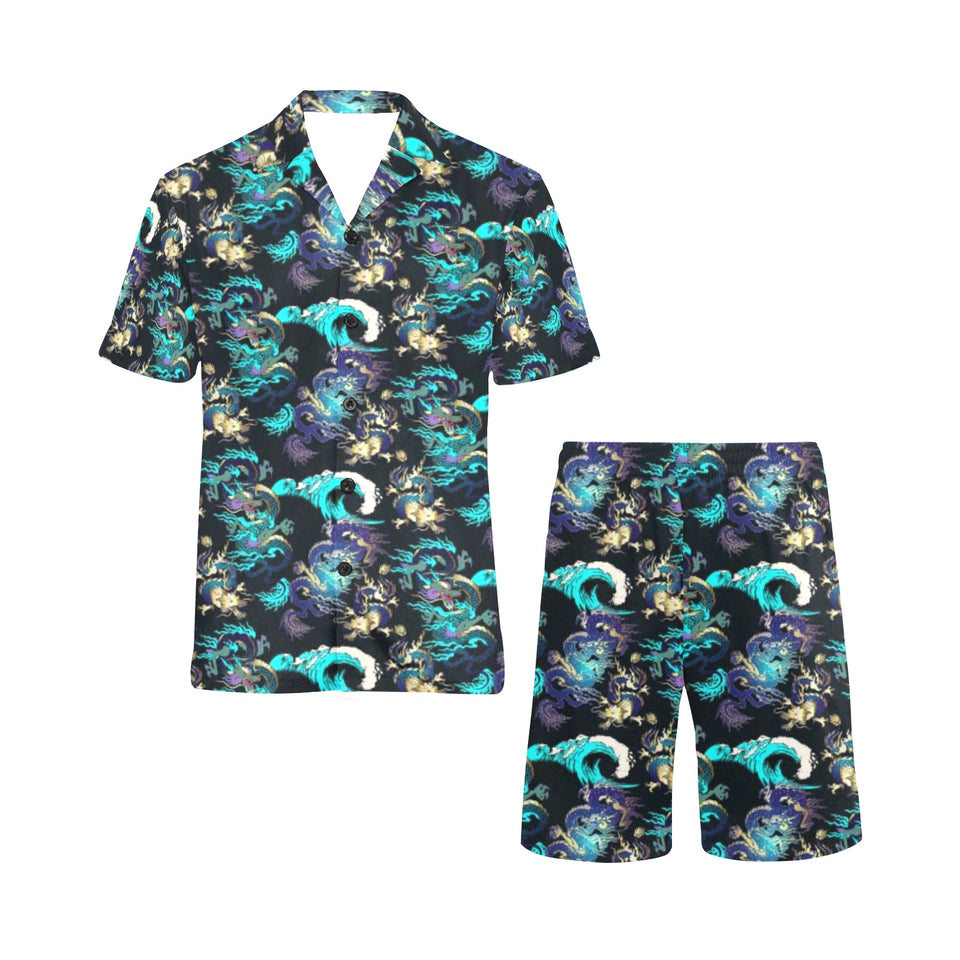 Dragon sea wave pattern Men's V-Neck Short Pajama Set
