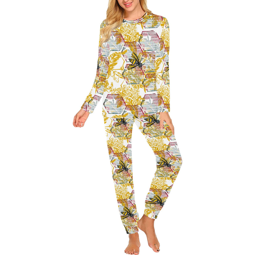 Cool Bee honeycomb leaves pattern Women's All Over Print Pajama Set