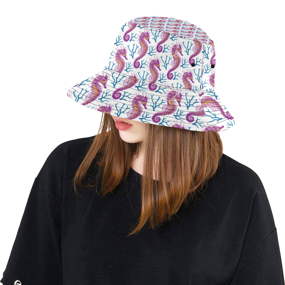 Purple seahorse blue coral pattern Unisex Bucket Hat