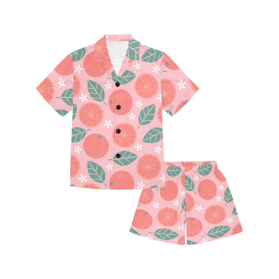 Grapefruit leaves flower pink background Kids' Boys' Girls' V-Neck Short Pajama Set