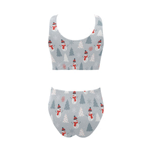 Snowman christmas tree snow gray background Chest Bowknot High Waisted Bikini Swimsuit