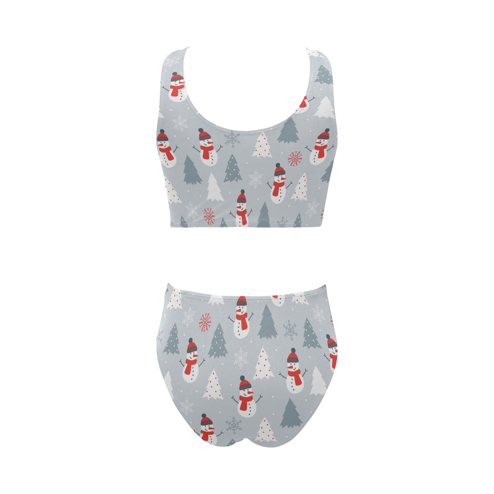 Snowman christmas tree snow gray background Chest Bowknot High Waisted Bikini Swimsuit