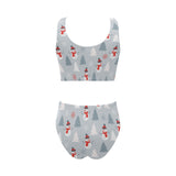 Snowman christmas tree snow gray background Chest Bowknot High Waisted Bikini Swimsuit