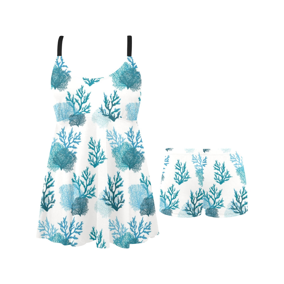 Coral Reef Pattern Print Design 04 Chest Sexy Pleated Two Piece Swim Dress