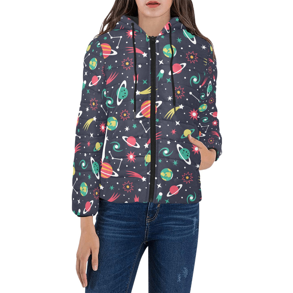 colorful space pattern planet star Women's Padded Hooded Jacket