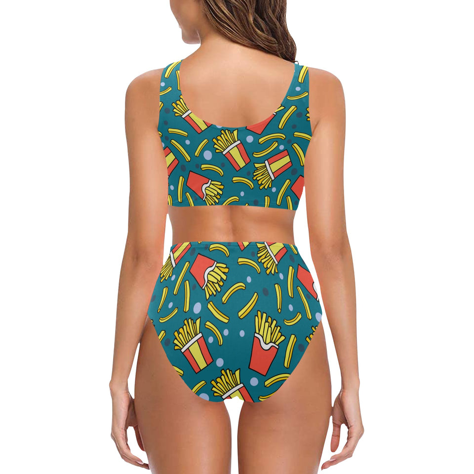 French fries red paper box pattern Chest Bowknot High Waisted Bikini Swimsuit