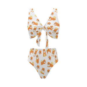 Brown pomeranian pattern Chest Bowknot High Waisted Bikini Swimsuit