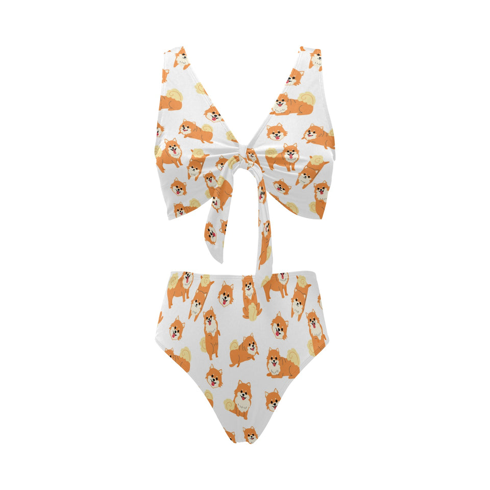 Brown pomeranian pattern Chest Bowknot High Waisted Bikini Swimsuit
