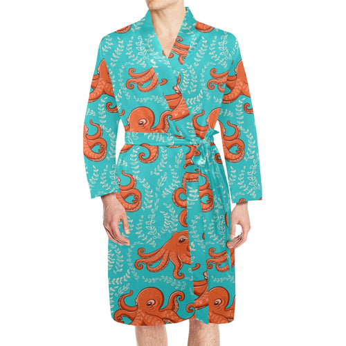 Octopus turquoise background Men's Long Sleeve Belted Night Robe