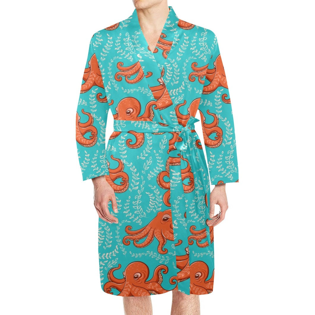 Octopus turquoise background Men's Long Sleeve Belted Night Robe