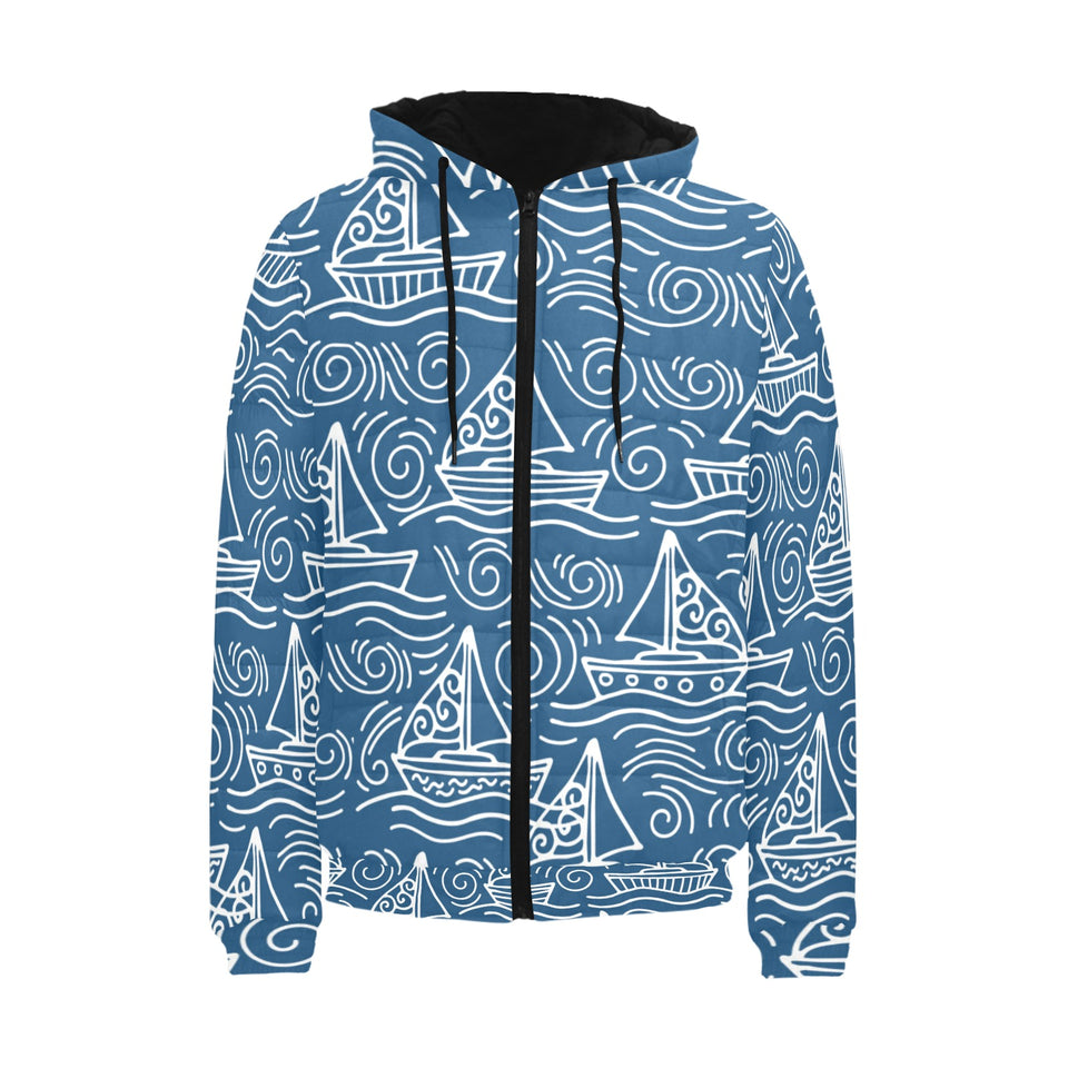 Hand drawn sailboat pattern Men's Padded Hooded Jacket